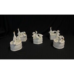Vtg Bone China 3 Geese White Taper Candle Holder Basket Weave Lot of 5